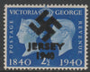 Jersey 1940 Swastika opt on Great Britain KG6 Centenary 2.5d produced during the German Occupation but unissued due to local feelings. This is a copy of the overprint on a genuine stamp with forgery handstamped on the back, unmoun……Details Below