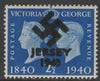 Jersey 1940 Swastika opt on Great Britain KG6 Centenary 2.5d produced during the German Occupation but unissued due to local feelings. This is a copy of the overprint on a genuine stamp with forgery handstamped on the back, unmoun……Details Below