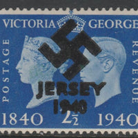 Jersey 1940 Swastika opt on Great Britain KG6 Centenary 2.5d produced during the German Occupation but unissued due to local feelings. This is a copy of the overprint on a genuine stamp with forgery handstamped on the back, unmoun……Details Below