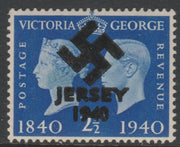 Jersey 1940 Swastika opt on Great Britain KG6 Centenary 2.5d produced during the German Occupation but unissued due to local feelings. This is a copy of the overprint on a genuine stamp with forgery handstamped on the back, unmoun……Details Below