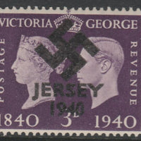 Jersey 1940 Swastika opt on Great Britain KG6 Centenary 3d produced during the German Occupation but unissued due to local feelings. This is a copy of the overprint on a genuine stamp with forgery handstamped on the back, unmounte……Details Below