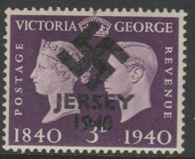 Jersey 1940 Swastika opt on Great Britain KG6 Centenary 3d produced during the German Occupation but unissued due to local feelings. This is a copy of the overprint on a genuine stamp with forgery handstamped on the back, unmounte……Details Below