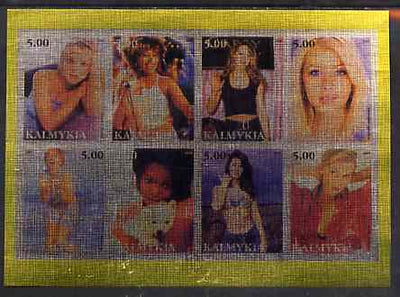 Kalmikia Republic 2000 Pop Singers (Women) imperf sheetlet containing set of 8 values printed on metallic foil unmounted mint (Britney, Mariah Carey, Madonna, Kylie etc)
