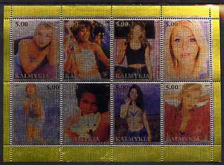 Kalmikia Republic 2000 Pop Singers (Women) perf sheetlet containing set of 8 values printed on metallic foil unmounted mint (Britney, Mariah Carey, Madonna, Kylie etc)