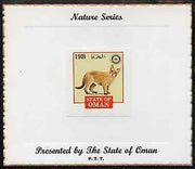 Oman 1984 Rotary - Domestic Cats (Red Burmese) imperf (19b value) mounted on special 'Nature Series' presentation card inscribed 'Presented by the State of Oman'