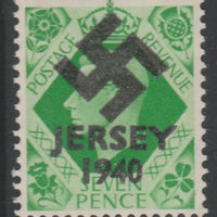 Jersey 1940 Swastika opt on Great Britain KG6 7d emerald-green produced during the German Occupation but unissued due to local feelings. This is a copy of the overprint on a genuine stamp with forgery handstamped on the back, unmo……Details Below