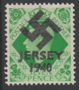 Jersey 1940 Swastika opt on Great Britain KG6 7d emerald-green produced during the German Occupation but unissued due to local feelings. This is a copy of the overprint on a genuine stamp with forgery handstamped on the back, unmo……Details Below