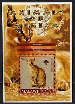 Malawi 2005 Animals of Africa - Golden Cat perf m/sheet with Scout Logo, Rhino & Ape in background, unmounted mint