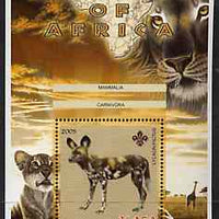 Malawi 2005 Animals of Africa - Hunting Dog perf m/sheet with Scout Logo, Big Cats & Giraffe in background, unmounted mint