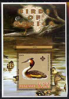 Malawi 2005 Birds of Africa - Great Crested Grebe perf m/sheet with Scout Logo and Ducks in background, unmounted mint