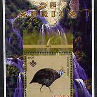 Malawi 2005 Birds of Africa - Guinea Fowl perf m/sheet with Scout Logo, Owl & Waterfall in background, unmounted mint