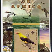 Malawi 2005 Birds of Africa - Oriole perf m/sheet with Scout Logo and Lions in background, unmounted mint