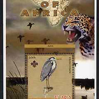 Malawi 2005 Birds of Africa - Heron perf m/sheet with Scout Logo and Big Cat & Ducks in background, unmounted mint