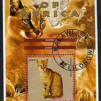 Malawi 2005 Animals of Africa - Golden Cat perf m/sheet with Scout Logo, Rhino & Ape in background, fine cto used