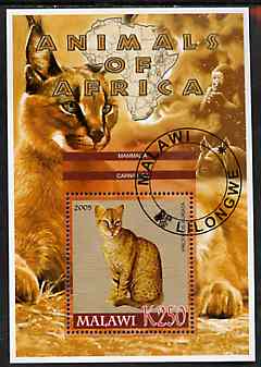 Malawi 2005 Animals of Africa - Golden Cat perf m/sheet with Scout Logo, Rhino & Ape in background, fine cto used