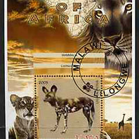Malawi 2005 Animals of Africa - Hunting Dog perf m/sheet with Scout Logo, Big Cats & Giraffe in background, fine cto used