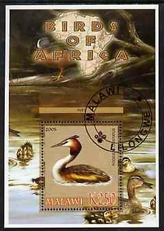 Malawi 2005 Birds of Africa - Great Crested Grebe perf m/sheet with Scout Logo and Ducks in background, fine cto used