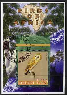 Malawi 2005 Birds of Africa - Barn Owl perf m/sheet with Scout Logo and Lion in background, fine cto used