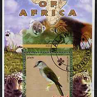 Malawi 2005 Birds of Africa - Cuckoo Roller perf m/sheet with Scout Logo and Big cats in background, fine cto used