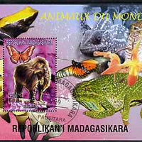 Madagascar 1999 Animals of the World #01 perf m/sheet showing Baboon, background shows Frog, Owl, Butterfly, Chameleon & Orchid, fine cto used