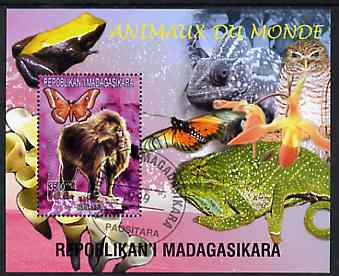 Madagascar 1999 Animals of the World #01 perf m/sheet showing Baboon, background shows Frog, Owl, Butterfly, Chameleon & Orchid, fine cto used
