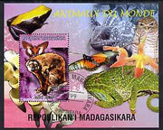 Madagascar 1999 Animals of the World #02 perf m/sheet showing Lemur #1, background shows Frog, Owl, Butterfly, Chameleon & Orchid, fine cto used