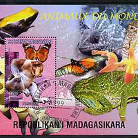 Madagascar 1999 Animals of the World #03 perf m/sheet showing Proboscis Monkey, background shows Frog, Owl, Butterfly, Chameleon & Orchid, fine cto used