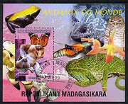 Madagascar 1999 Animals of the World #03 perf m/sheet showing Proboscis Monkey, background shows Frog, Owl, Butterfly, Chameleon & Orchid, fine cto used