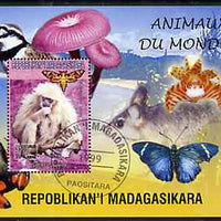 Madagascar 1999 Animals of the World #04 perf m/sheet showing Gibbon Monkey, background shows Frog, Bird, Butterfly, Fungi & Orchid, fine cto used