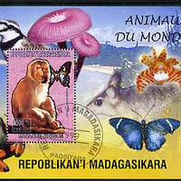 Madagascar 1999 Animals of the World #05 perf m/sheet showing Rhesus Macaque Monkey, background shows Frog, Bird, Butterfly, Fungi & Orchid, fine cto used