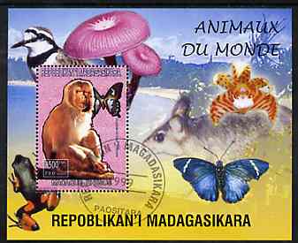 Madagascar 1999 Animals of the World #05 perf m/sheet showing Rhesus Macaque Monkey, background shows Frog, Bird, Butterfly, Fungi & Orchid, fine cto used