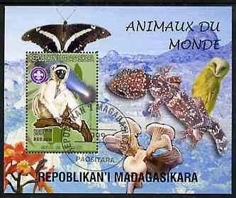 Madagascar 1999 Animals of the World #06 perf m/sheet showing Sifaka with Scout Logo, background shows Owl, Butterfly, Reptile, Fungi & Orchid, fine cto used