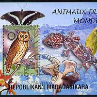 Madagascar 1999 Animals of the World #07 perf m/sheet showing Owl (Hanka) with Rotary Logo, background shows Owl, Butterfly, Reptile, Fungi & Orchid, fine cto used
