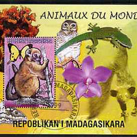 Madagascar 1999 Animals of the World #09 perf m/sheet showing Lemur #3, background shows Owl, Butterfly, Lizard & Orchid, fine cto used