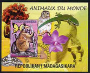 Madagascar 1999 Animals of the World #09 perf m/sheet showing Lemur #3, background shows Owl, Butterfly, Lizard & Orchid, fine cto used