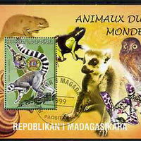 Madagascar 1999 Animals of the World #10 perf m/sheet showing Lemur #4 with Lions Int Logo, background shows Owl, Fungi, Frog & Orchid, fine cto used