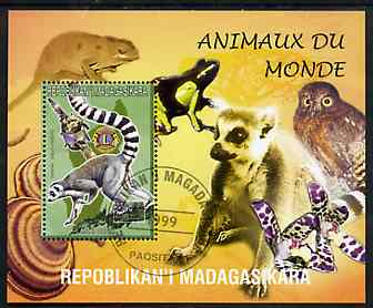 Madagascar 1999 Animals of the World #10 perf m/sheet showing Lemur #4 with Lions Int Logo, background shows Owl, Fungi, Frog & Orchid, fine cto used