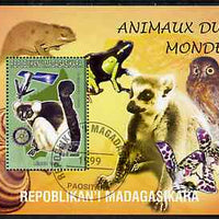Madagascar 1999 Animals of the World #12 perf m/sheet showing Lemur #6 with Rotary Logo, background shows Owl, Fungi, Frog & Orchid, fine cto used