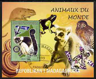 Madagascar 1999 Animals of the World #12 perf m/sheet showing Lemur #6 with Rotary Logo, background shows Owl, Fungi, Frog & Orchid, fine cto used