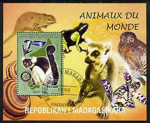 Madagascar 1999 Animals of the World #12 perf m/sheet showing Lemur #6 with Rotary Logo, background shows Owl, Fungi, Frog & Orchid, fine cto used