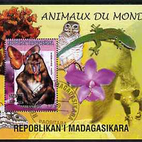 Madagascar 1999 Animals of the World #13 perf m/sheet showing Mandril Monkey, background shows Owl, Butterfly, Lizard & Orchid, fine cto used