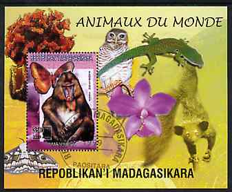 Madagascar 1999 Animals of the World #13 perf m/sheet showing Mandril Monkey, background shows Owl, Butterfly, Lizard & Orchid, fine cto used