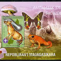 Madagascar 1999 Animals of the World #16 perf m/sheet showing Euplere with Scout Logo, background shows Frog, Butterfly, Reptile, Fungi & Orchid, fine cto used