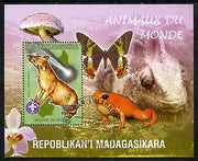 Madagascar 1999 Animals of the World #16 perf m/sheet showing Euplere with Scout Logo, background shows Frog, Butterfly, Reptile, Fungi & Orchid, fine cto used