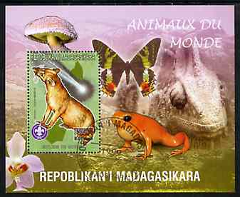 Madagascar 1999 Animals of the World #16 perf m/sheet showing Euplere with Scout Logo, background shows Frog, Butterfly, Reptile, Fungi & Orchid, fine cto used