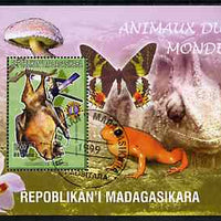 Madagascar 1999 Animals of the World #17 perf m/sheet showing Rousette Bat with Lions Int Logo, background shows Frog, Butterfly, Reptile, Fungi & Orchid, fine cto used