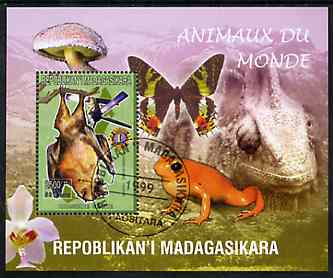 Madagascar 1999 Animals of the World #17 perf m/sheet showing Rousette Bat with Lions Int Logo, background shows Frog, Butterfly, Reptile, Fungi & Orchid, fine cto used