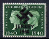 Jersey 1940 Swastika opt on Great Britain KG6 Centenary 1/2d produced during the German Occupation but unissued due to local feelings. This is a copy of the overprint on a genuine stamp with forgery handstamped on the back, unmoun……Details Below