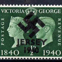 Jersey 1940 Swastika opt on Great Britain KG6 Centenary 1/2d produced during the German Occupation but unissued due to local feelings. This is a copy of the overprint on a genuine stamp with forgery handstamped on the back, unmoun……Details Below