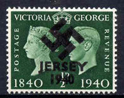 Jersey 1940 Swastika opt on Great Britain KG6 Centenary 1/2d produced during the German Occupation but unissued due to local feelings. This is a copy of the overprint on a genuine stamp with forgery handstamped on the back, unmoun……Details Below